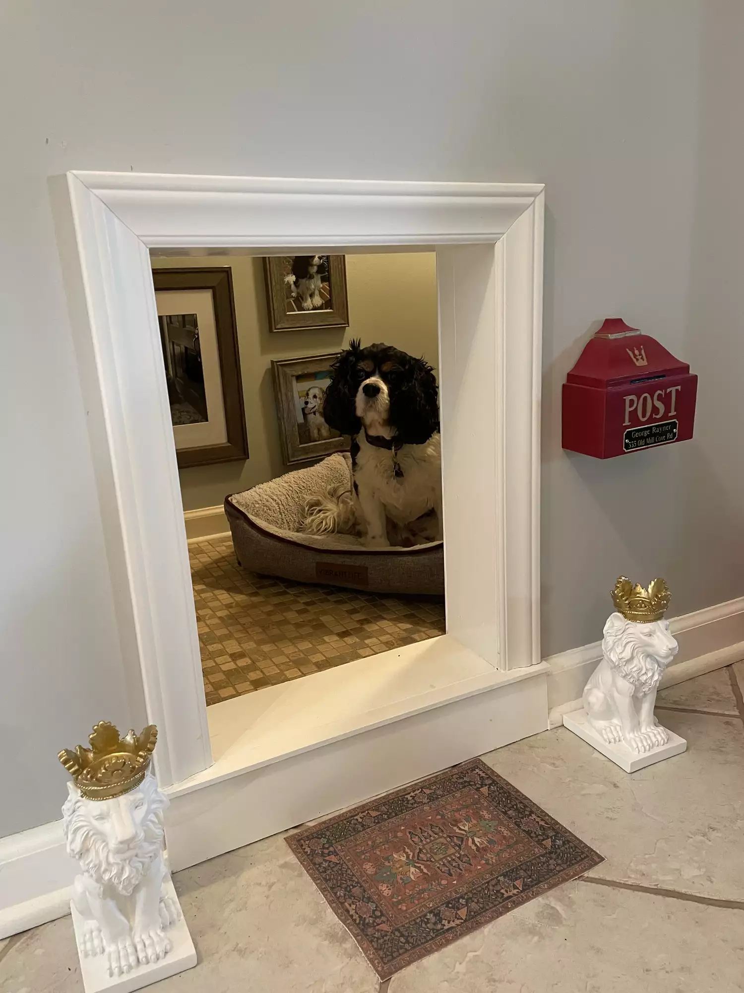 A king charles cavalier spaniel sitting on a dog bed in a small nook in the wall.