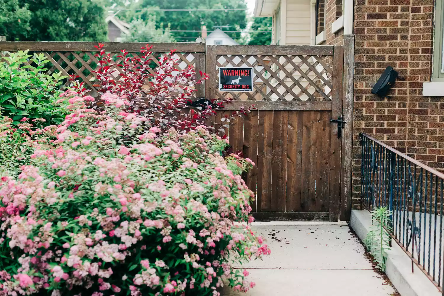 Wooden fence next to brick house with dog warning sign behind flower bushes