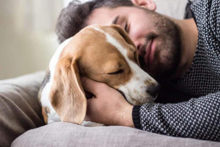 Young man sleeping with a dog